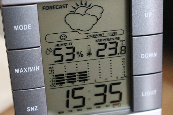 Ein Thermometer zeigt die Klimadaten